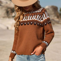 Sweet and Casual Patterned Round Neck Sweater