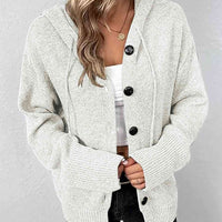 Button Up Drawstring Long Sleeve Hooded Cardigan