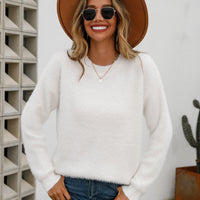 Dropped Shoulder Round Neck Fuzzy Sweater