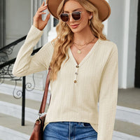 Cable-Knit Long Sleeve V-Neck T-Shirt