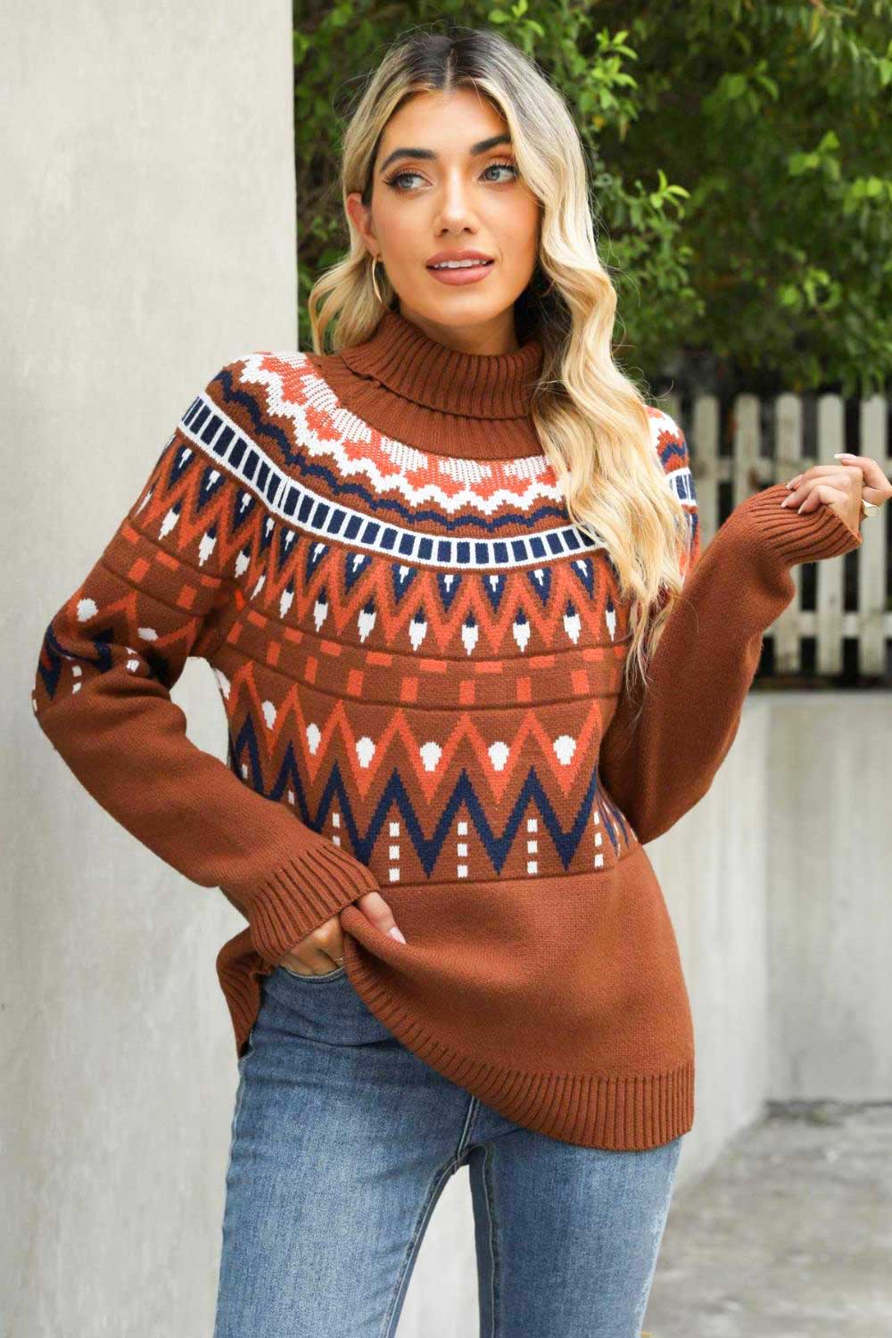 Colorful Trend Chevron Turtleneck Ribbed Trim Sweater