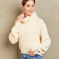 Woven Right Decorative Button Turtleneck Dropped Shoulder Sweater