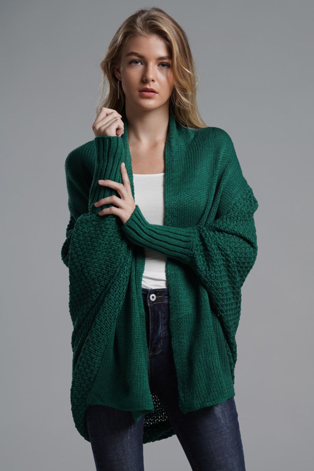 Modern Lady of Elegance Dolman Sleeve Open Front Ribbed Trim Longline Cardigan