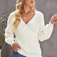 Ribbed Puff Sleeve Surplice Sweater