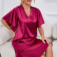 Satin Flutter Sleeve Side Slit V-Neck Night Dress