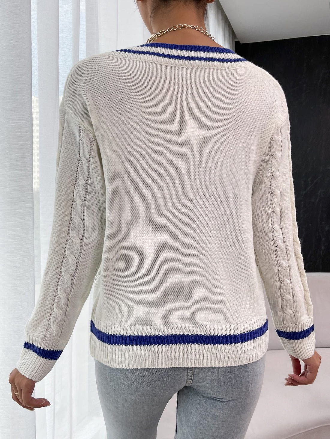 Woven Right Contrast V-Neck Cable-Knit Sweater