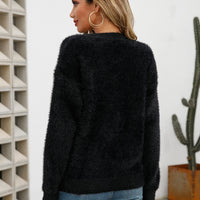 Dropped Shoulder Round Neck Fuzzy Sweater