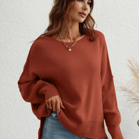 Exposed Seam Dropped Shoulder Slit Sweater