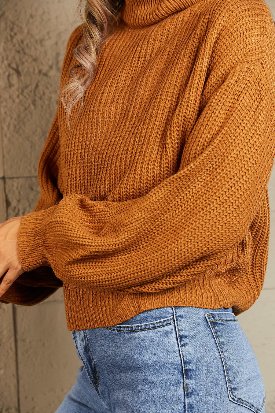 Woven Right Turtleneck Dropped Shoulder Rib-Knit Sweater