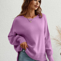 Exposed Seam Dropped Shoulder Slit Sweater