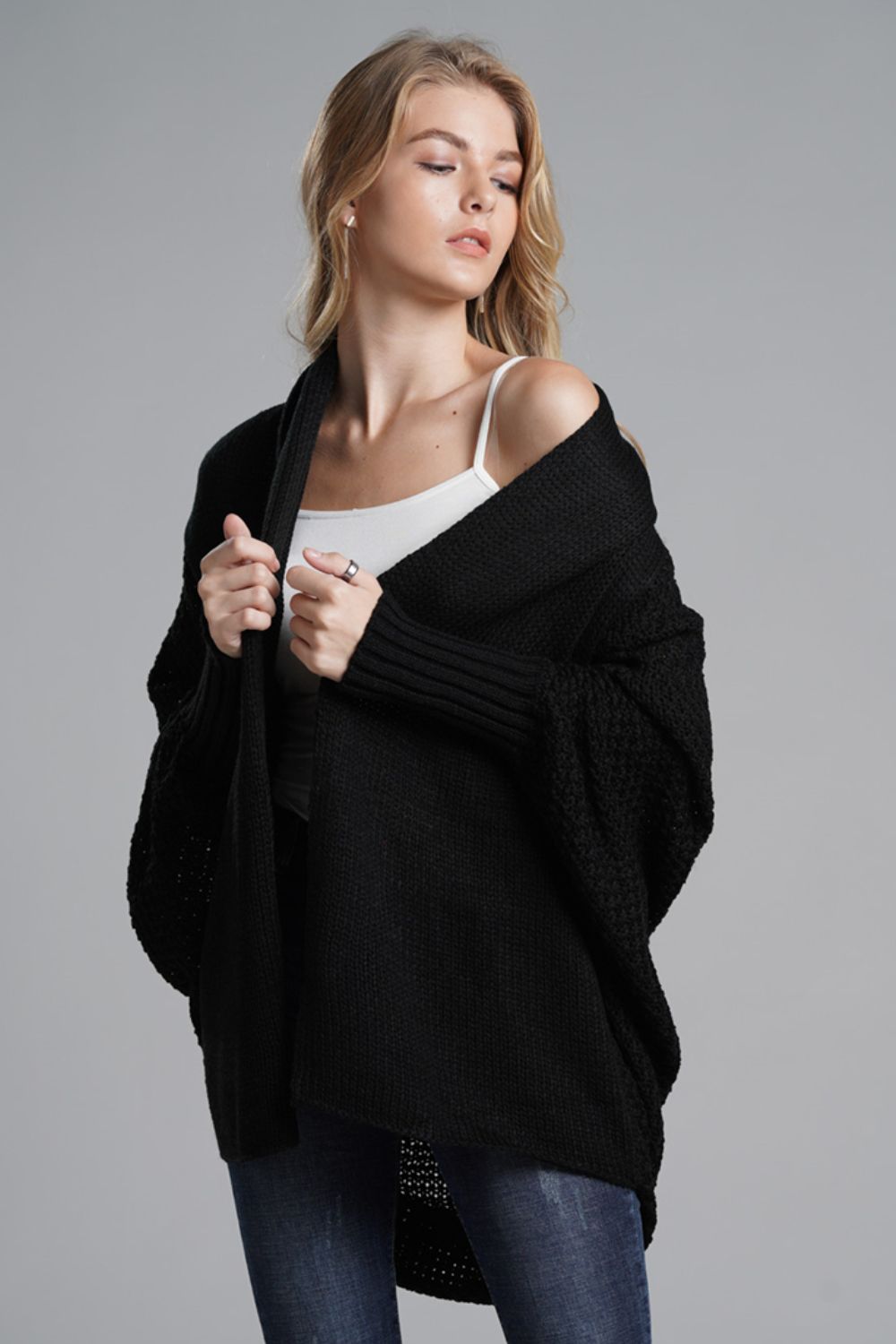 Modern Lady of Elegance Dolman Sleeve Open Front Ribbed Trim Longline Cardigan