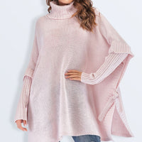 Tied Turtleneck Asymmetrical Hem Sweater