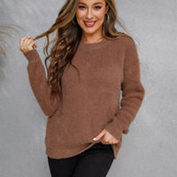 Dropped Shoulder Round Neck Fuzzy Sweater