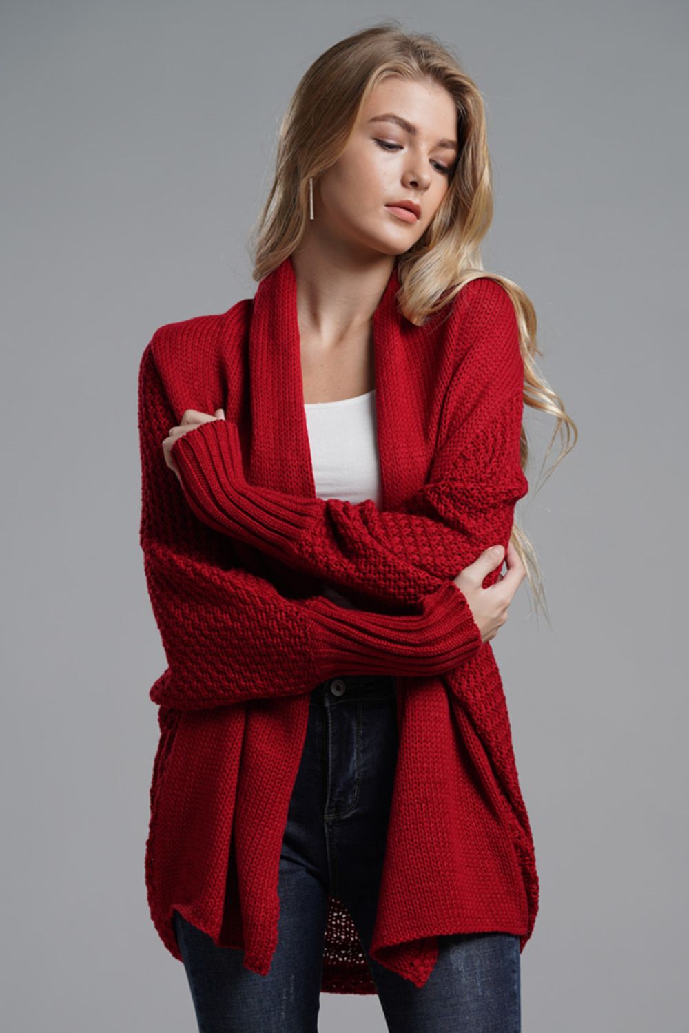 Modern Lady of Elegance Dolman Sleeve Open Front Ribbed Trim Longline Cardigan