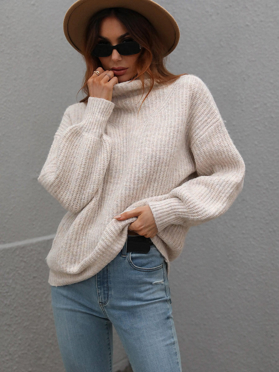 Woven Right High Neck Balloon Sleeve Rib-Knit Pullover Sweater