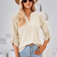 V-Neck Roll-Tap Sleeve Blouse