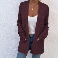 Cable-Knit Open Front Cardigan with Pockets