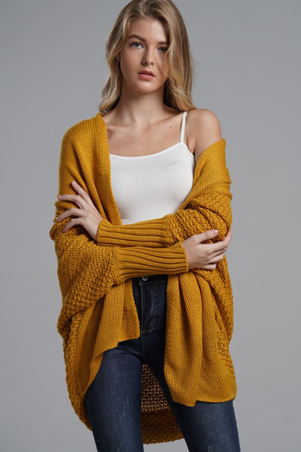 Modern Lady of Elegance Dolman Sleeve Open Front Ribbed Trim Longline Cardigan