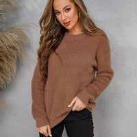 Dropped Shoulder Round Neck Fuzzy Sweater