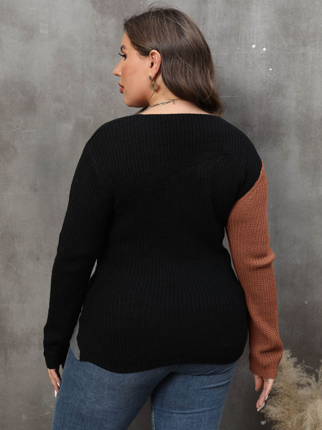 Vivacious Diva Plus Size Two-Tone Surplice Neck Sweater