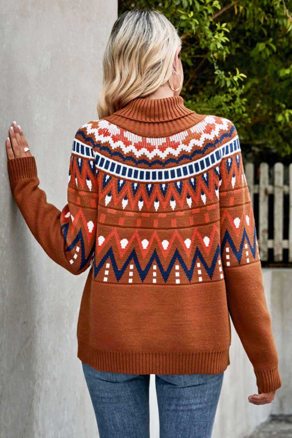 Colorful Trend Chevron Turtleneck Ribbed Trim Sweater