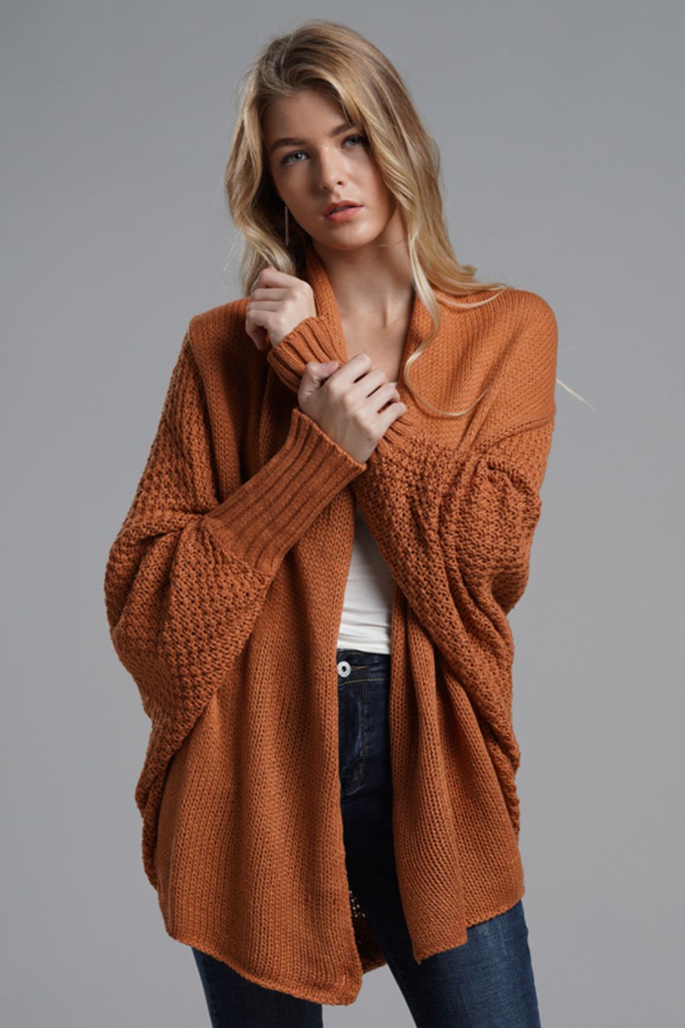 Modern Lady of Elegance Dolman Sleeve Open Front Ribbed Trim Longline Cardigan