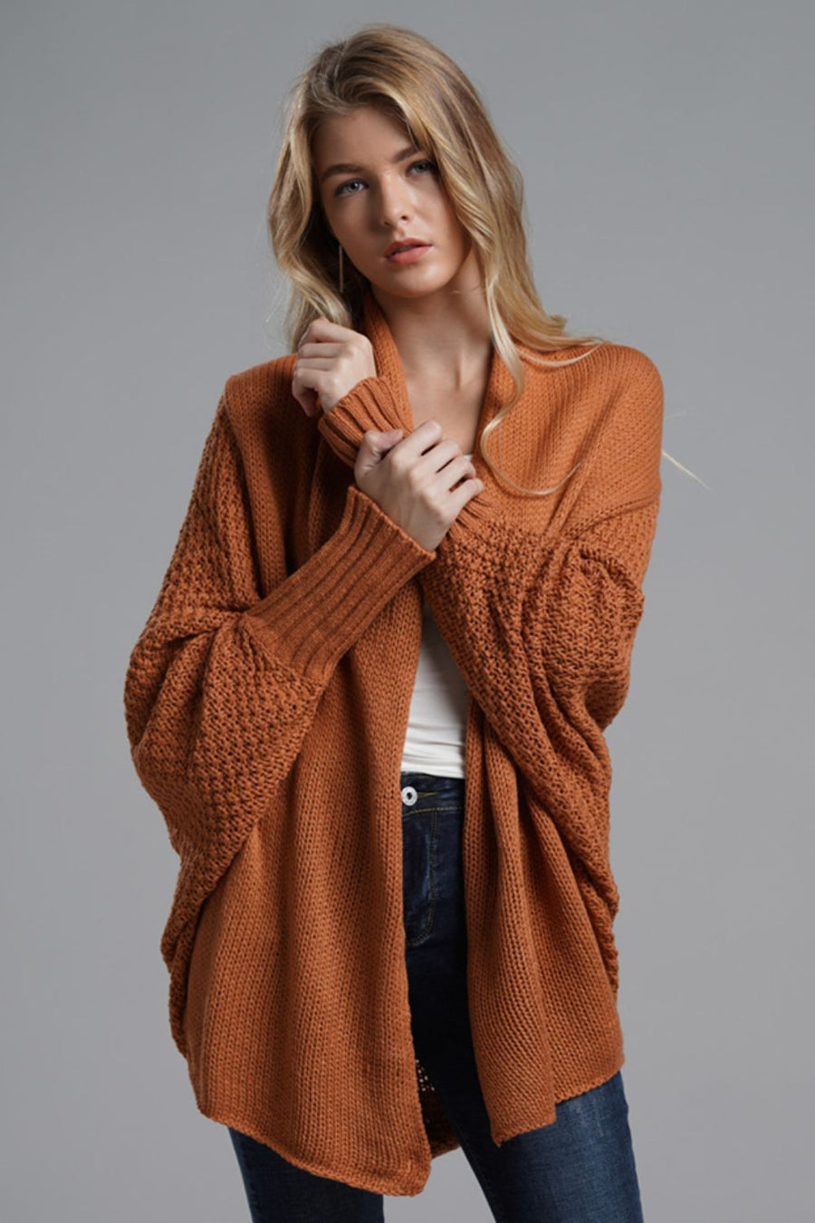 Modern Lady of Elegance Dolman Sleeve Open Front Ribbed Trim Longline Cardigan