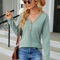 Cable-Knit Long Sleeve V-Neck T-Shirt