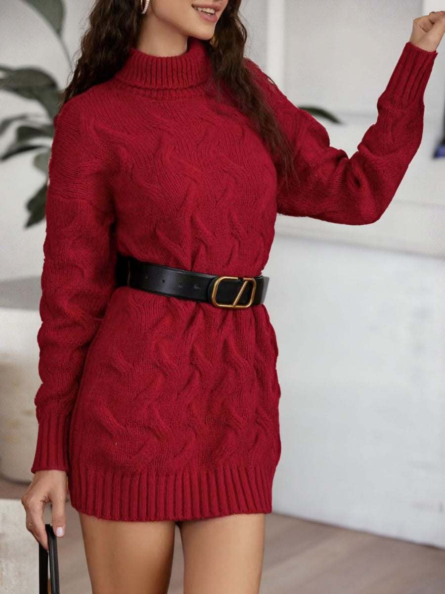 Cable-Knit Turtleneck Sweater Dress