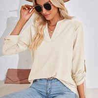 V-Neck Roll-Tap Sleeve Blouse