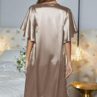 Satin Flutter Sleeve Side Slit V-Neck Night Dress