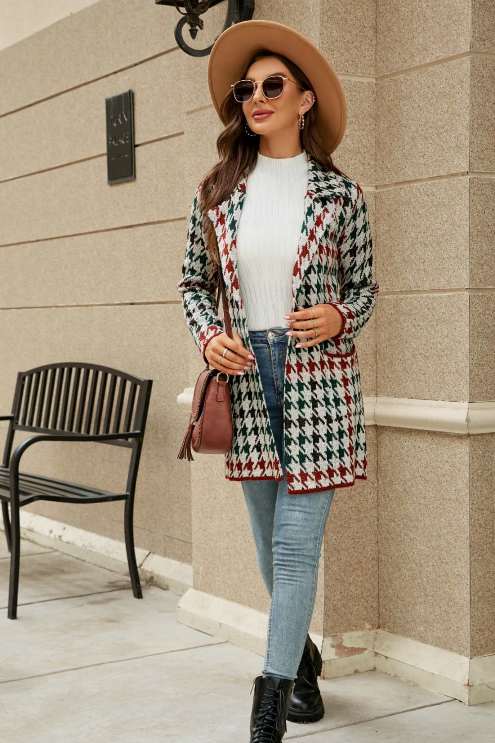 Printed Open Front Lapel Collar Cardigan with Pockets