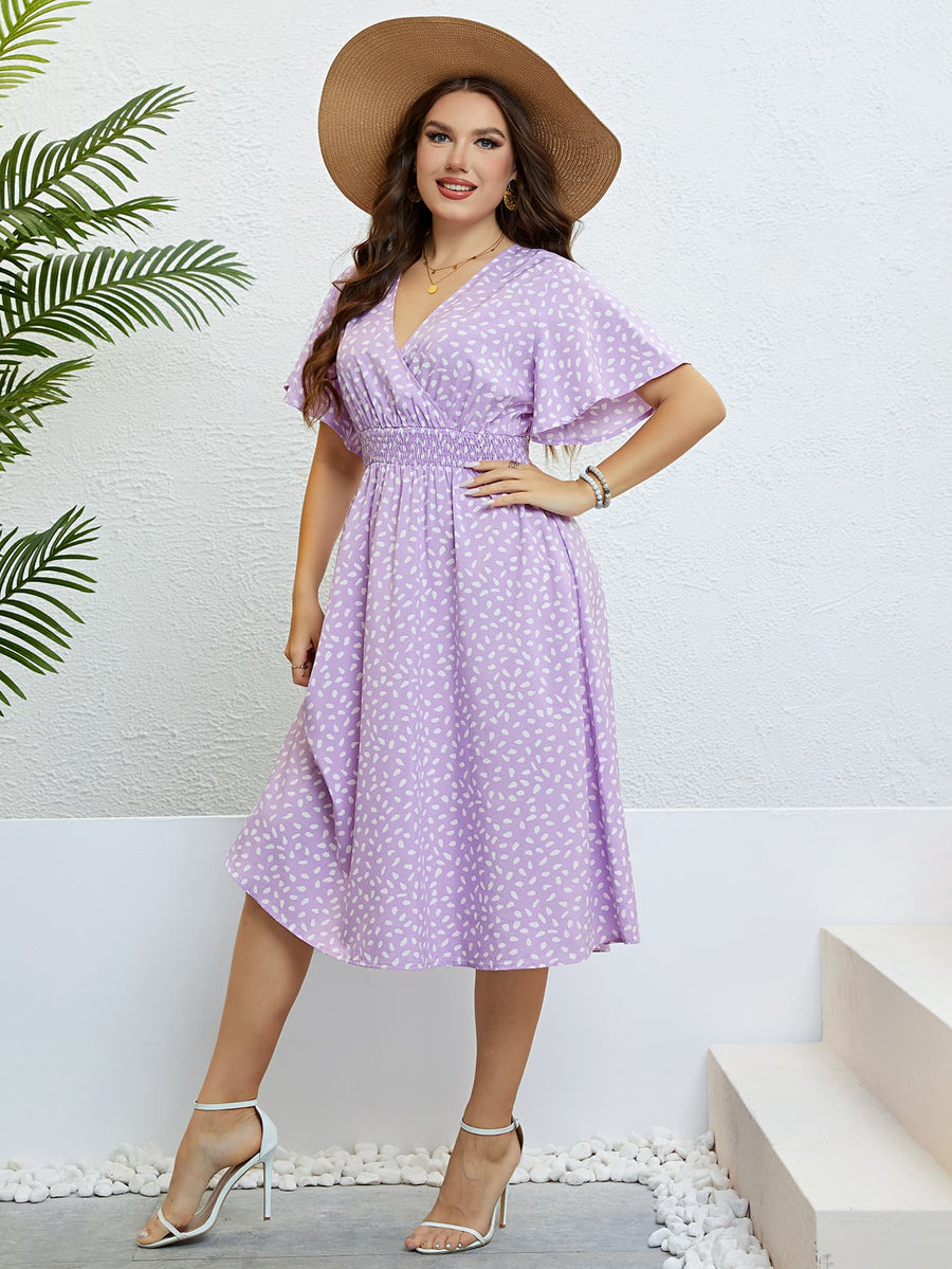 Plus Size Printed Smocked Waist Surplice Dress