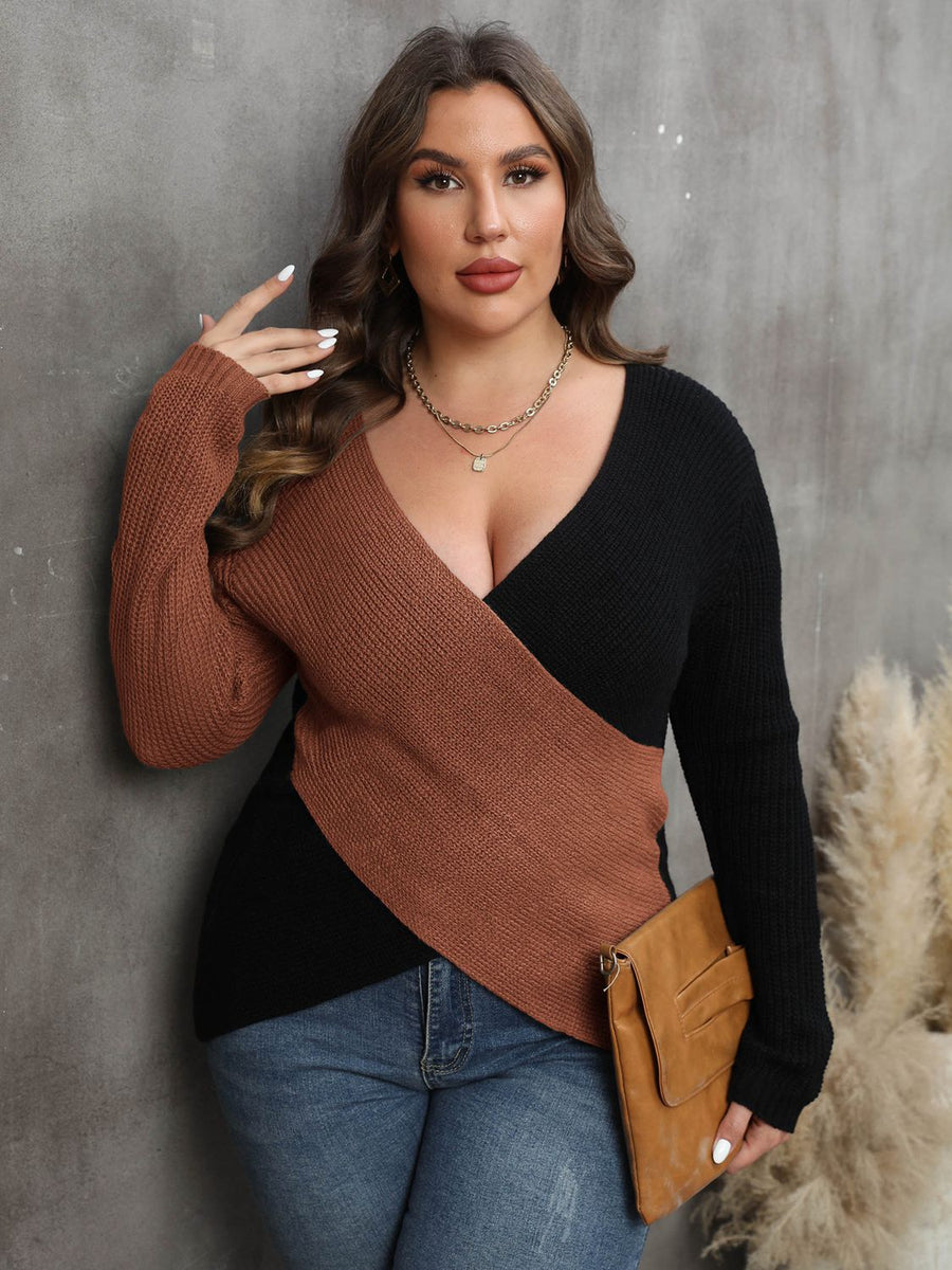 Vivacious Diva Plus Size Two-Tone Surplice Neck Sweater