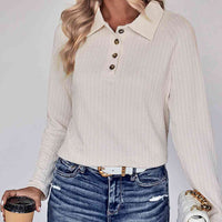 Collared Neck Buttoned Long Sleeve Top