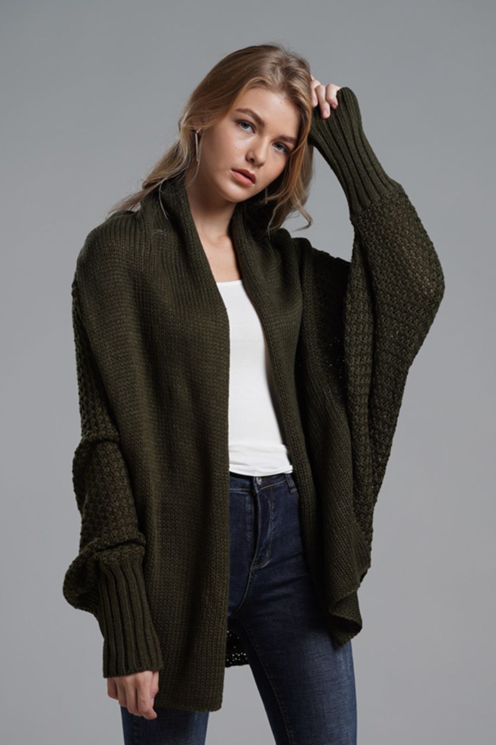 Modern Lady of Elegance Dolman Sleeve Open Front Ribbed Trim Longline Cardigan