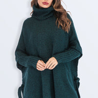 Tied Turtleneck Asymmetrical Hem Sweater