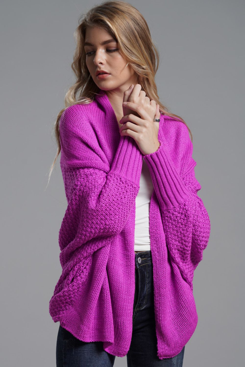 Modern Lady of Elegance Dolman Sleeve Open Front Ribbed Trim Longline Cardigan