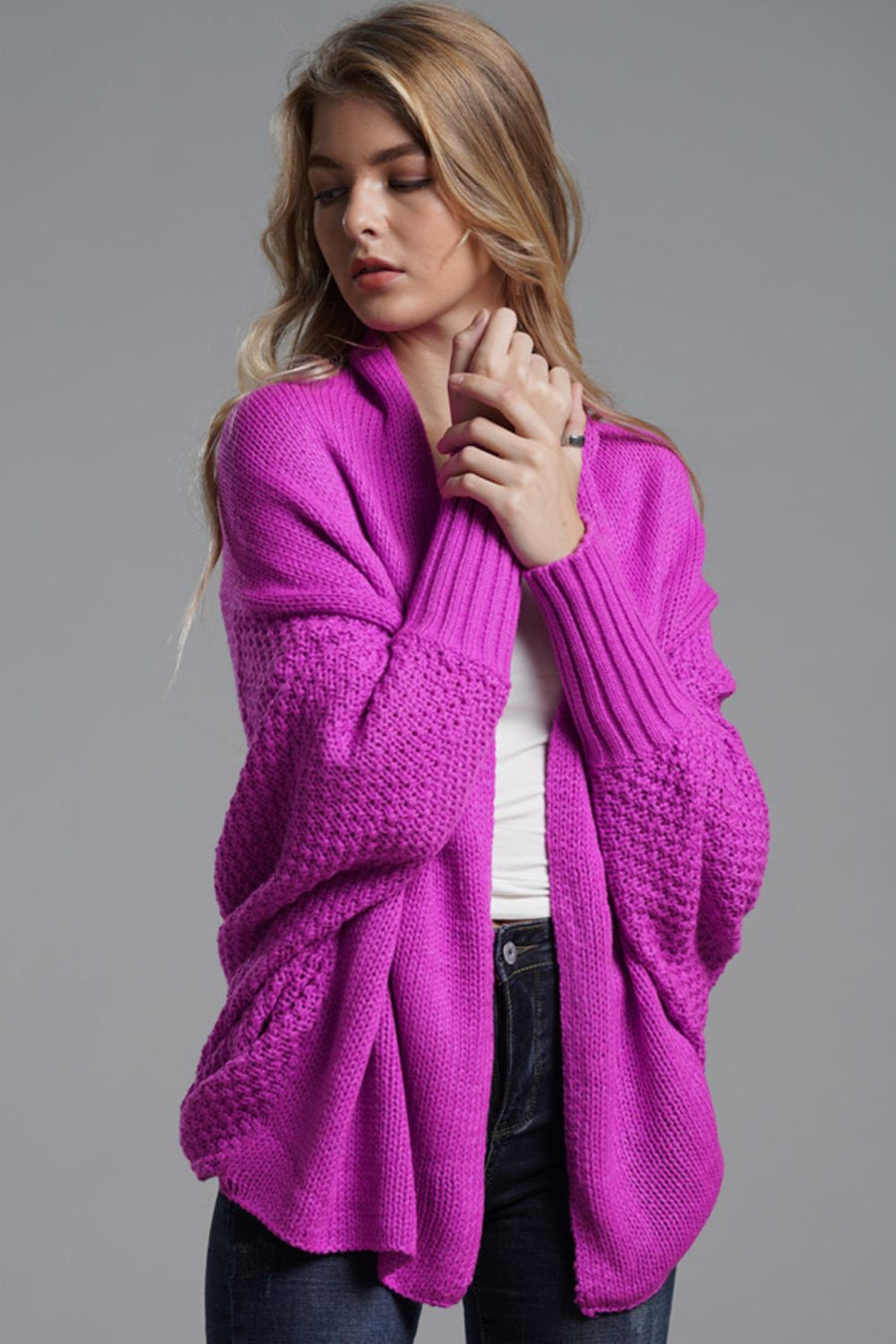 Modern Lady of Elegance Dolman Sleeve Open Front Ribbed Trim Longline Cardigan