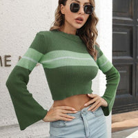 Ribbed Color Block Round Neck Cropped Sweater