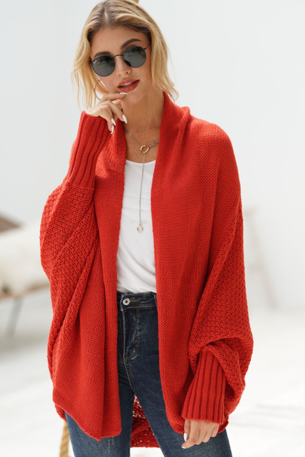 Modern Lady of Elegance Dolman Sleeve Open Front Ribbed Trim Longline Cardigan