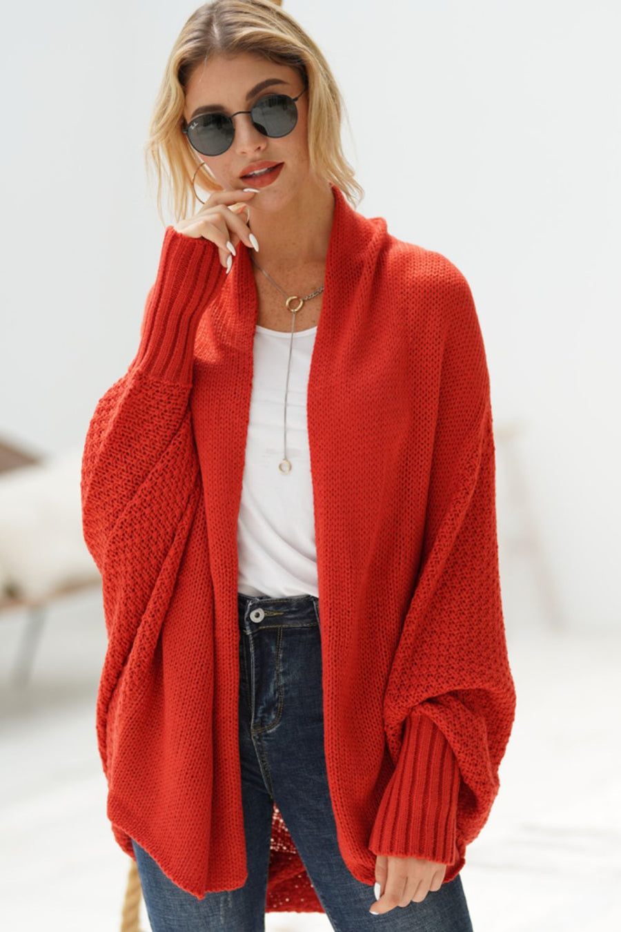 Modern Lady of Elegance Dolman Sleeve Open Front Ribbed Trim Longline Cardigan