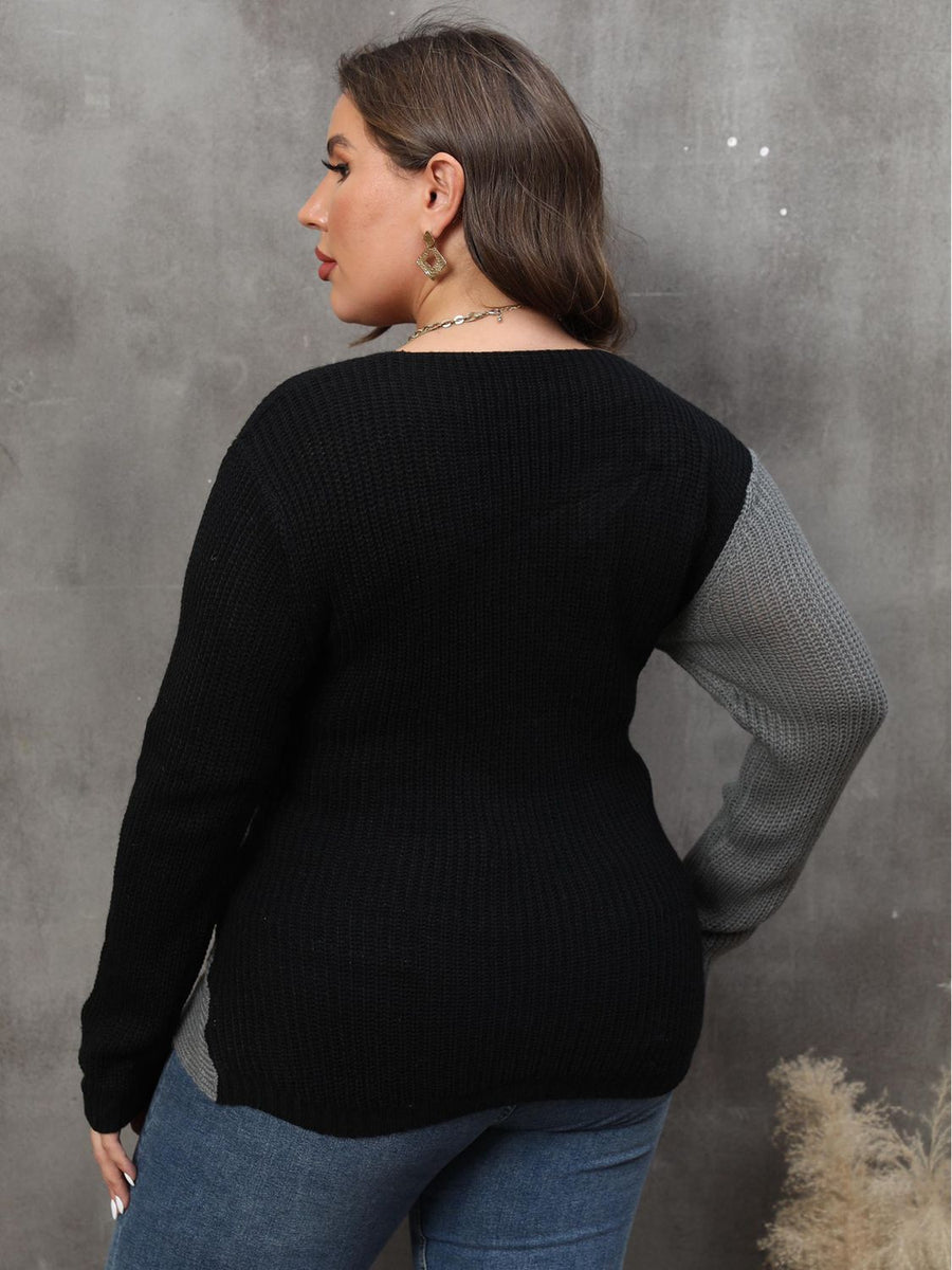 Vivacious Diva Plus Size Two-Tone Surplice Neck Sweater