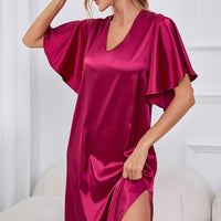 Satin Flutter Sleeve Side Slit V-Neck Night Dress