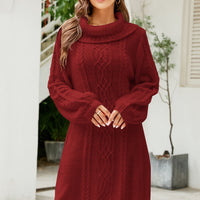 Woven Right Mixed Knit Turtleneck Lantern Sleeve Sweater Dress