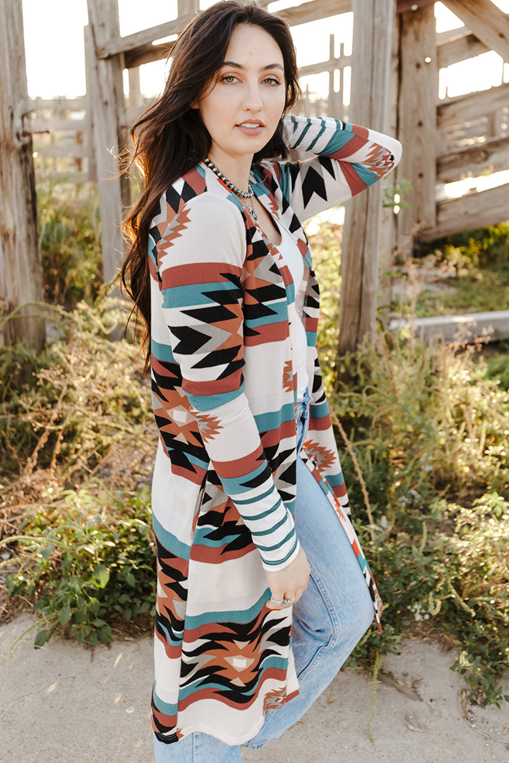 Tiger Eyes Down To Earth Geometric Long Sleeve Cardigan