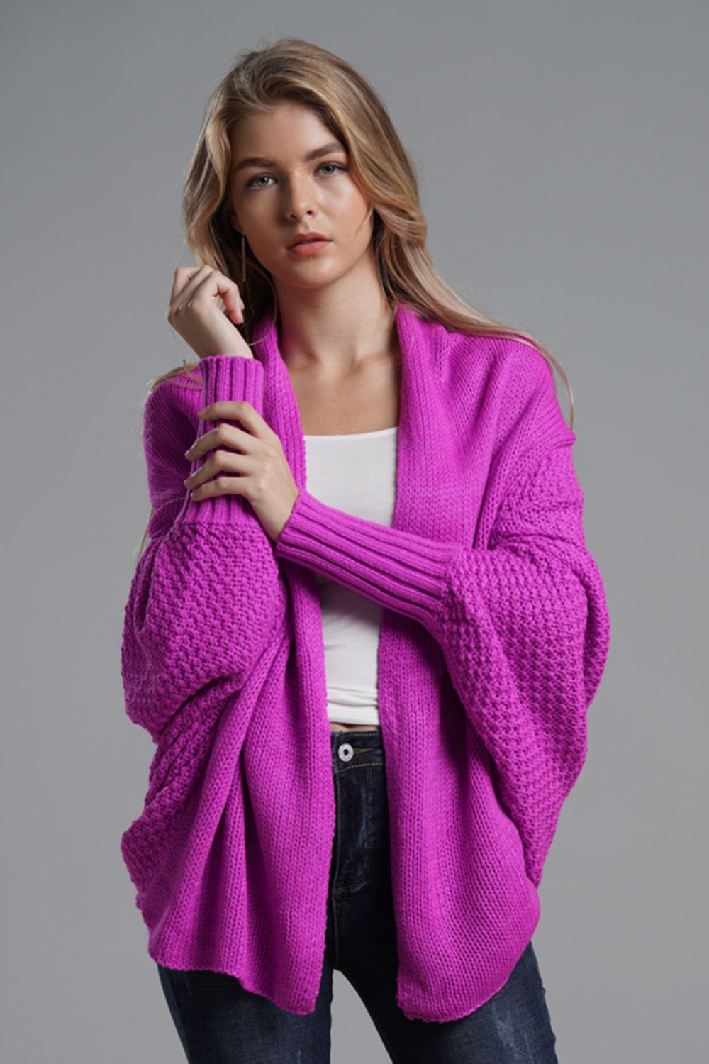Modern Lady of Elegance Dolman Sleeve Open Front Ribbed Trim Longline Cardigan