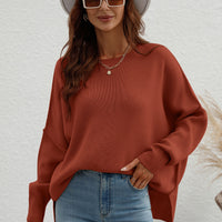 Exposed Seam Dropped Shoulder Slit Sweater