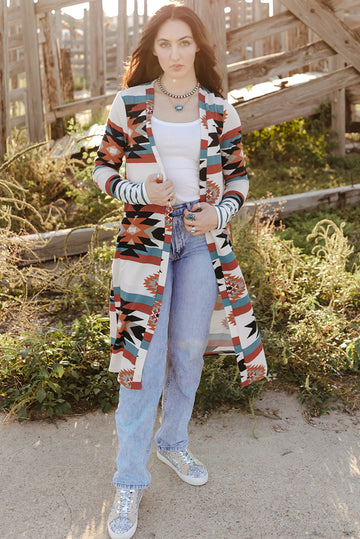 Tiger Eyes Down To Earth Geometric Long Sleeve Cardigan