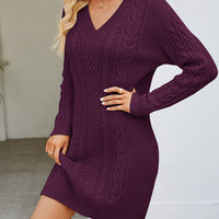 Cable-Knit V-Neck Mini Sweater Dress